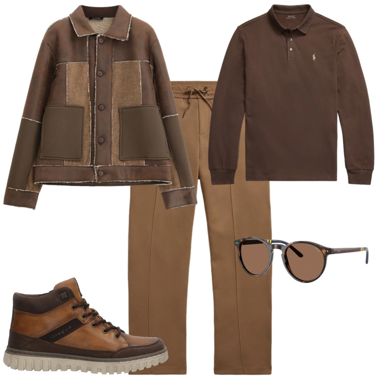 Outfit uomo - Casual week end in montagna. Stile Casual per Tutti i giorni. Abbinamento con cappotti, occhiali da sole, pantaloni, polo, anfibi.