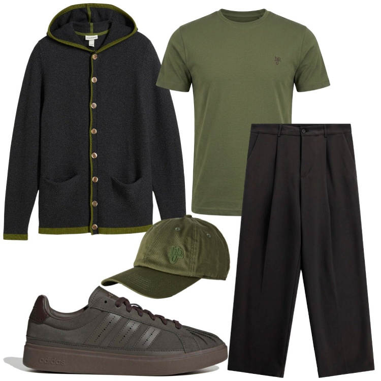 Outfit uomo - Lovely in autmn. Stile Trendy per Tutti i giorni. Abbinamento con t-shirt, cappelli con visiera, pantaloni, cardigans, sneakers.