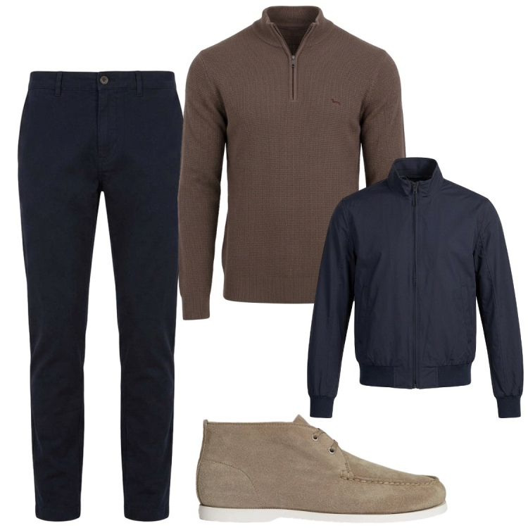 Outfit uomo - Ufficio. Stile Trendy per Ufficio. Abbinamento con pullovers, pantaloni, scarpe stringate, bomber.