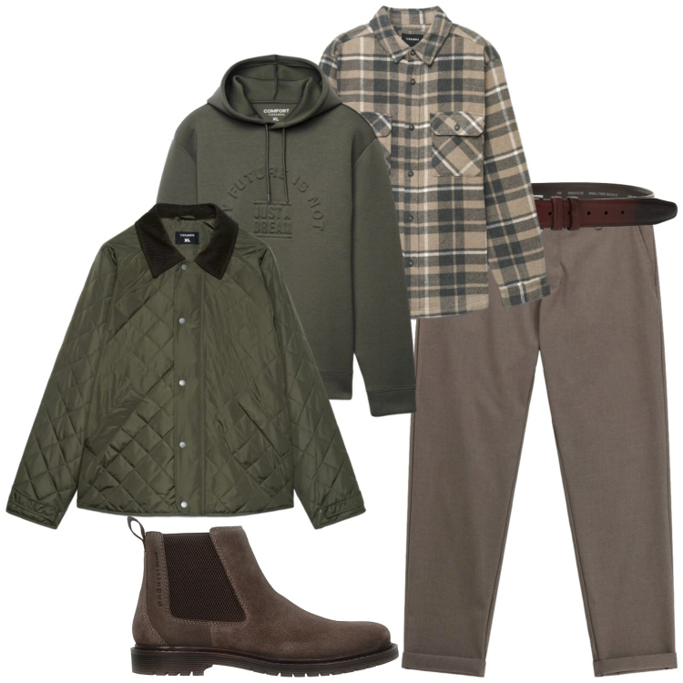 Outfit uomo - Casual week in montagna. Stile Casual per Tutti i giorni. Abbinamento con pantaloni, cinture, giacche, camicie, felpe con cappuccio, stivali e stivaletti.