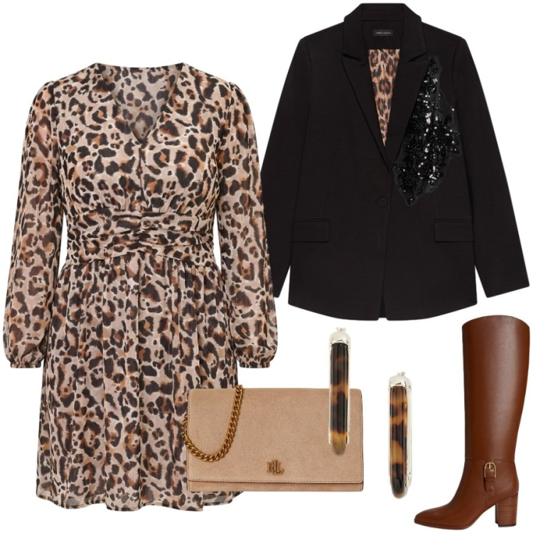Outfit donna - Cena fuori. Stile Sexy per Serata fuori. Abbinamento con blazer, borse a tracolla, stivali, orecchini, vestiti corti.