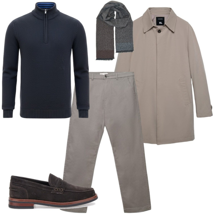 Outfit uomo - Total look #2487559. Stile Trendy per Ufficio. Abbinamento con trench, pantaloni chino, sciarpe, scarpe stringate, pullovers.