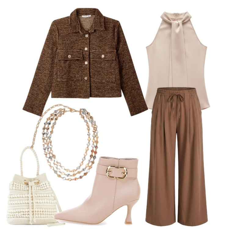 Outfit donna - Sofisticatezza e Dettagli Preziosi. Stile Glamour per Serata fuori. look ideale per Tall. Abbinamento con borse a secchiello, blazer, pantaloni, collane, top, stivaletti.