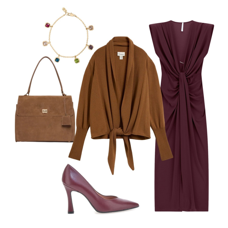 Outfit donna - Sera d' ottobre. Stile Glamour per Serata fuori. Abbinamento con vestiti midi/longuette, borse a mano, braccialetti, décolleté, cardigans.