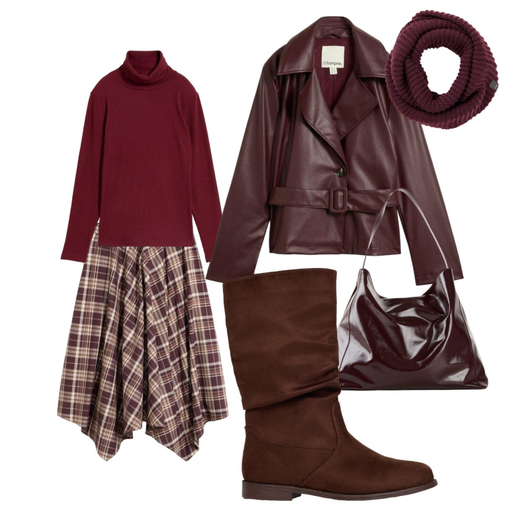 Outfit donna - Bonprix. Stile Casual per Tutti i giorni. Abbinamento con gonne, trench, stivali, maglieria, sciarpe, shopping bag.
