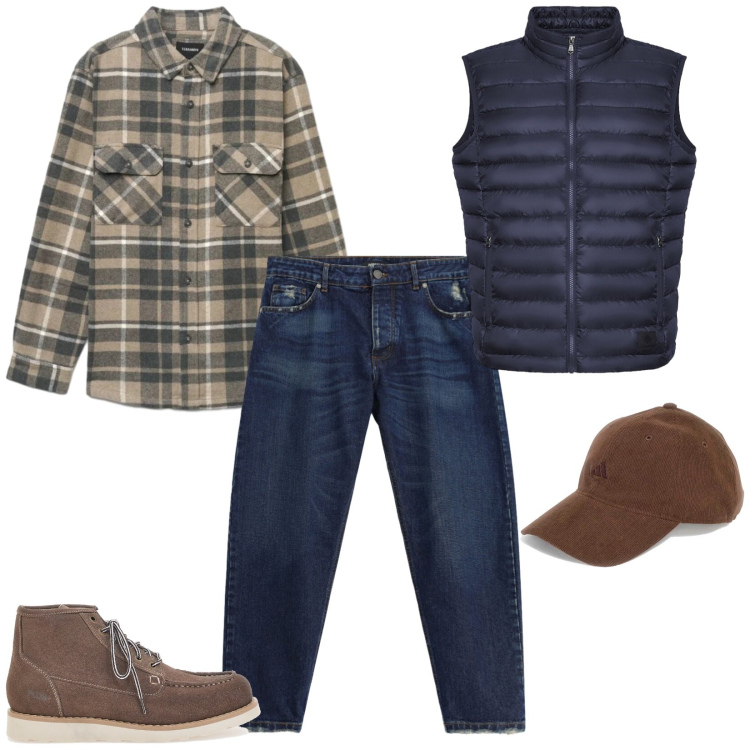 Outfit uomo - Total look #2487572. Stile Casual per Tutti i giorni. Abbinamento con jeans, piumini, camicie, stivali e stivaletti, cappelli con visiera.