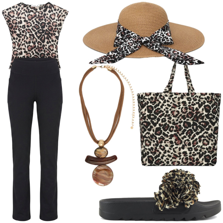 Outfit donna - Decisamente leopardato. Stile Basic per Tutti i giorni. Abbinamento con ciondoli, top, cappelli, shopping bag, pantaloni, ciabatte.