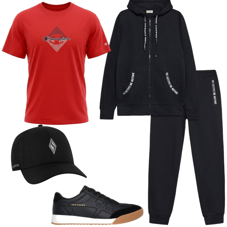 Outfit uomo - Total look #2487576. Stile Trendy per Sport. Abbinamento con cappelli con visiera, sneakers, tute sportive, t-shirt.