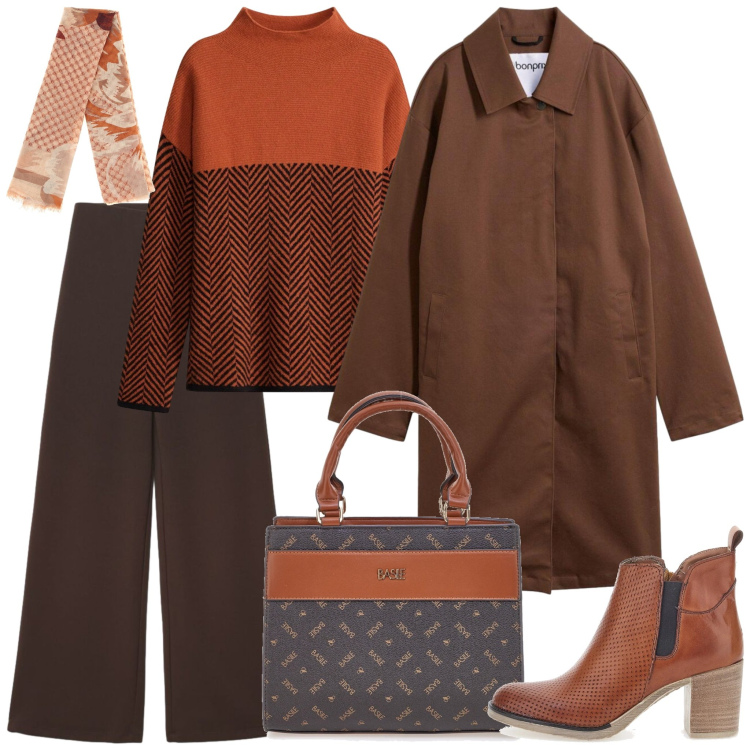 Outfit donna - Al lavoro in marrone. Stile Basic per Tutti i giorni. Abbinamento con trench, pullovers, pantaloni a palazzo, borse a mano, stivaletti, foulard.