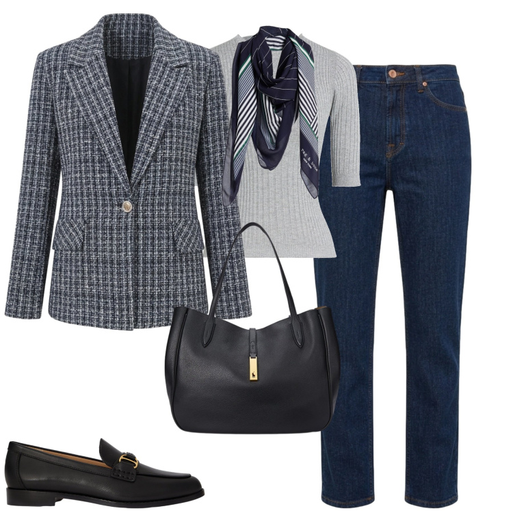 Outfit donna - Smart casual. Stile Casual chic per Ufficio. Abbinamento con jeans, borse tote, mocassini, blazer, pullovers, sciarpe.