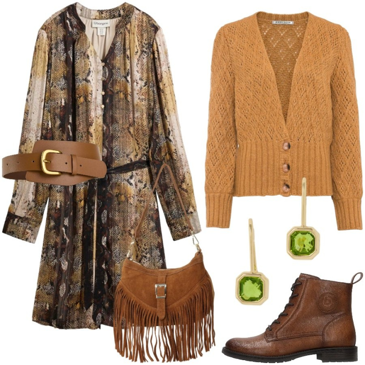 Outfit donna - Boho chic. Stile Boho per Tutti i giorni. Abbinamento con borse a spalla, orecchini, cardigans, vestiti, cinture, anfibi.