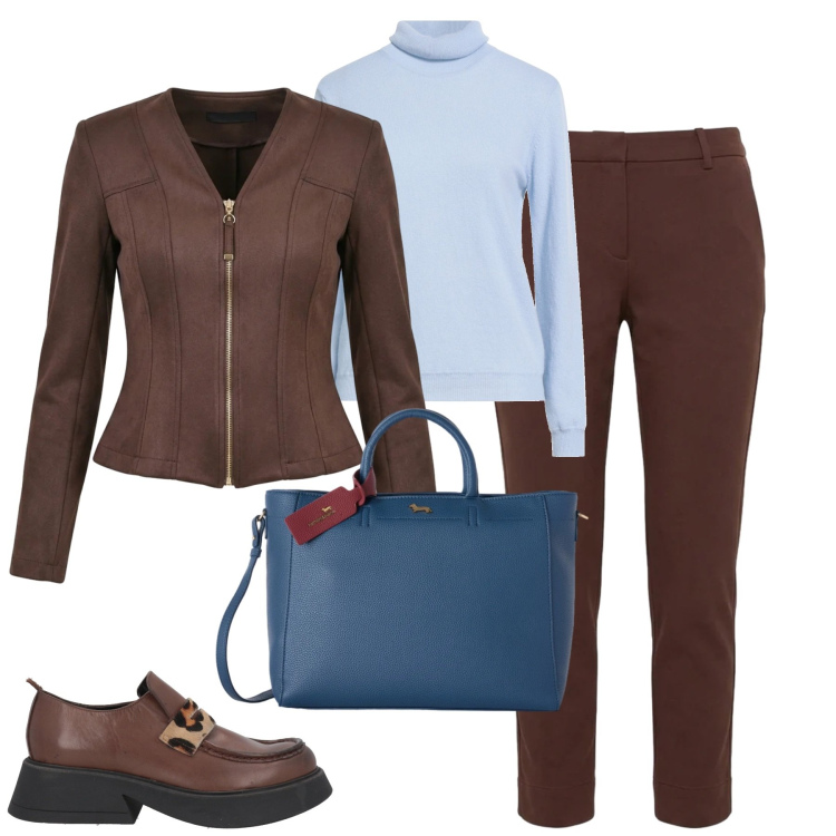 Outfit donna - Comoda in città. Stile Urban per Tutti i giorni. Abbinamento con pantaloni, borse a mano, blazer, maglieria, mocassini.