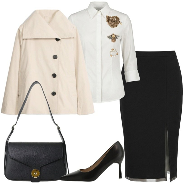 Outfit donna - Gonna tubino e trench corto. Stile Chic per Ufficio. Abbinamento con décolleté, borse a spalla, accessori per capelli, gonne longuette, camicie, trench.