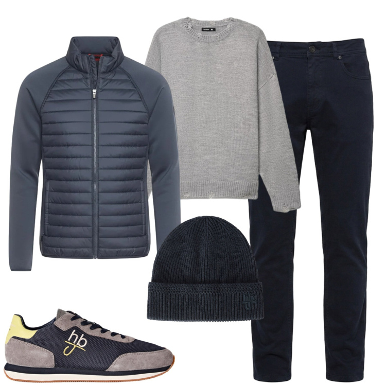 Outfit uomo - Primi freddi. Stile Urban per Tutti i giorni. Abbinamento con sneakers, pantaloni, berretti, maglieria, piumini.