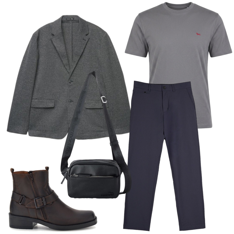 Outfit uomo - Total look #2487602. Stile Casual per Ufficio. Abbinamento con borse sportive, t-shirt, pantaloni chino, giacche, stivali e stivaletti.