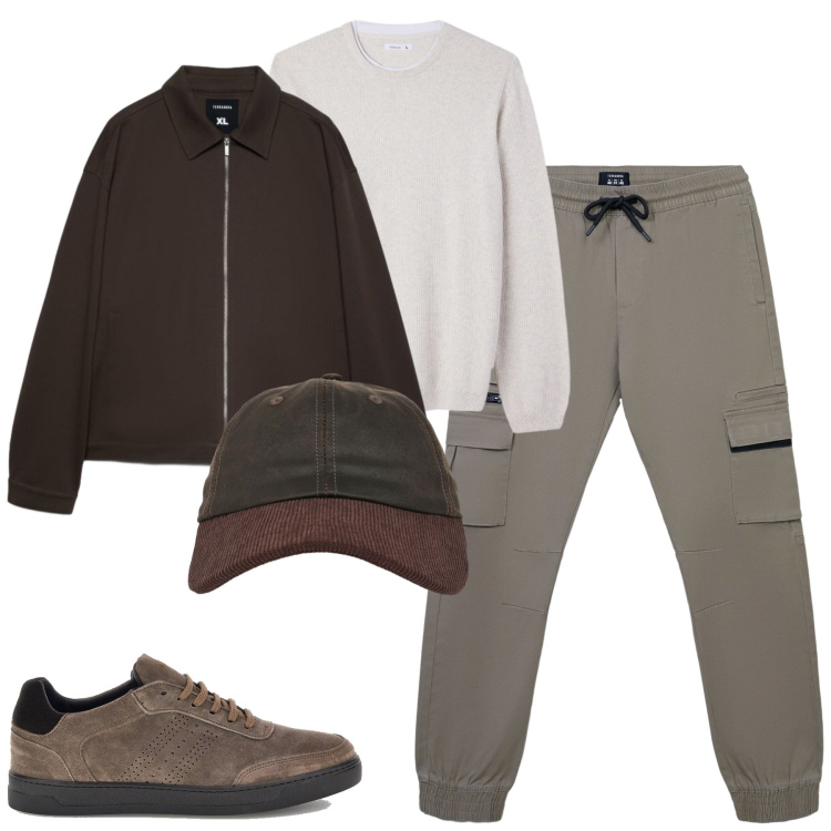 Outfit uomo - City. Stile Casual per Tutti i giorni. Abbinamento con maglieria, cappelli con visiera, cappotti, pantaloni cargo, sneakers.