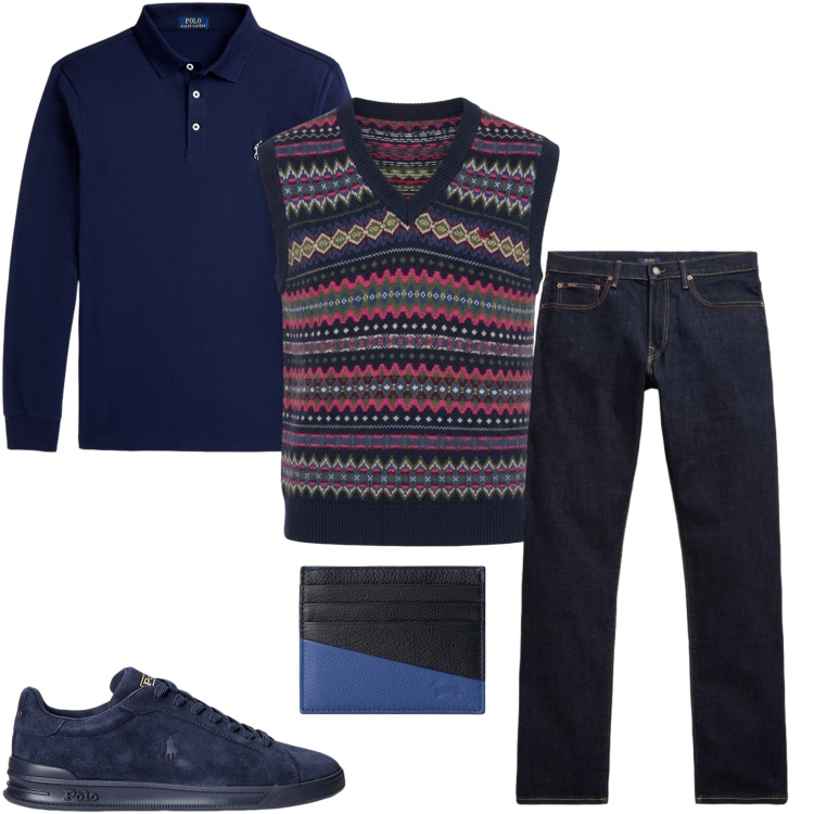 Outfit uomo - Layering autunnale. Stile Casual per Tutti i giorni. Abbinamento con portafogli, maglieria, sneakers, polo, jeans.