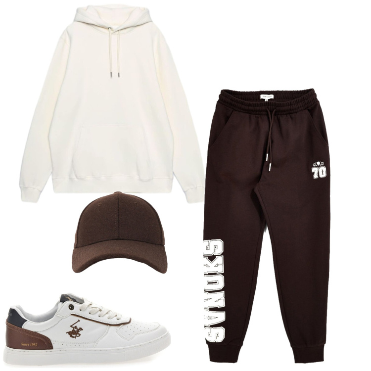Outfit uomo - Fall. Stile Casual per Tutti i giorni. Abbinamento con cappelli con visiera, felpe con cappuccio, sneakers, pantaloni.