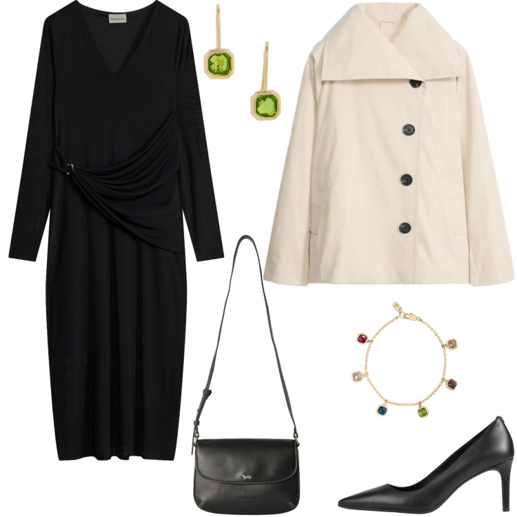 Outfit donna - Aperitivo in galleria. Stile Glamour per Serata fuori. Abbinamento con borse a tracolla, braccialetti, orecchini, décolleté, vestiti midi/longuette, trench.