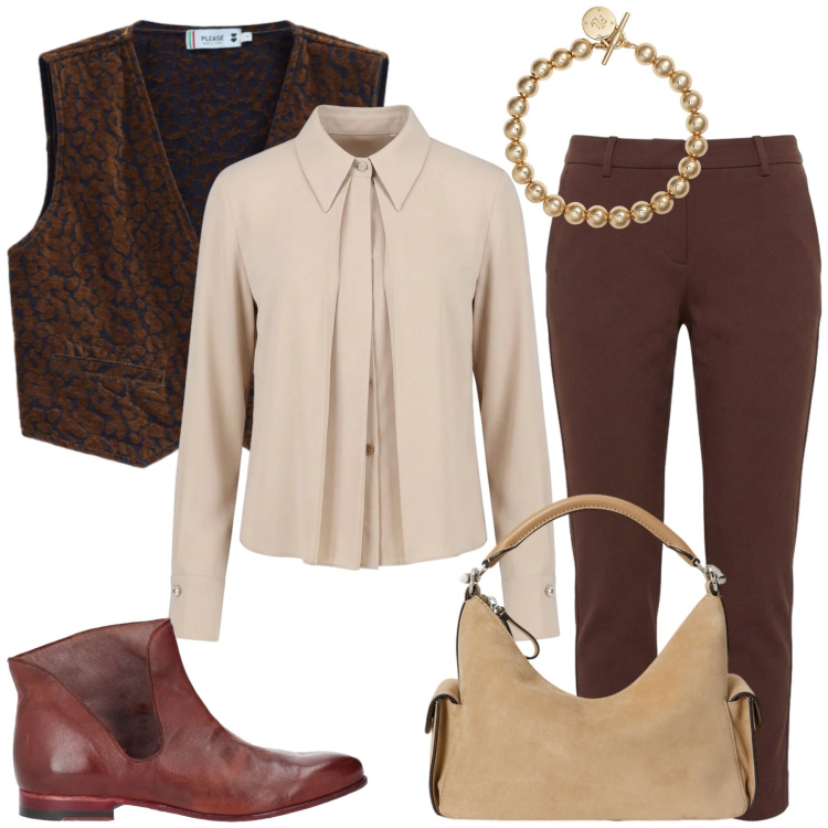 Outfit donna - Total look #2487624. Stile Glamour per Ufficio. Abbinamento con pantaloni, borse a spalla, braccialetti, gilet, camicie, stivaletti.