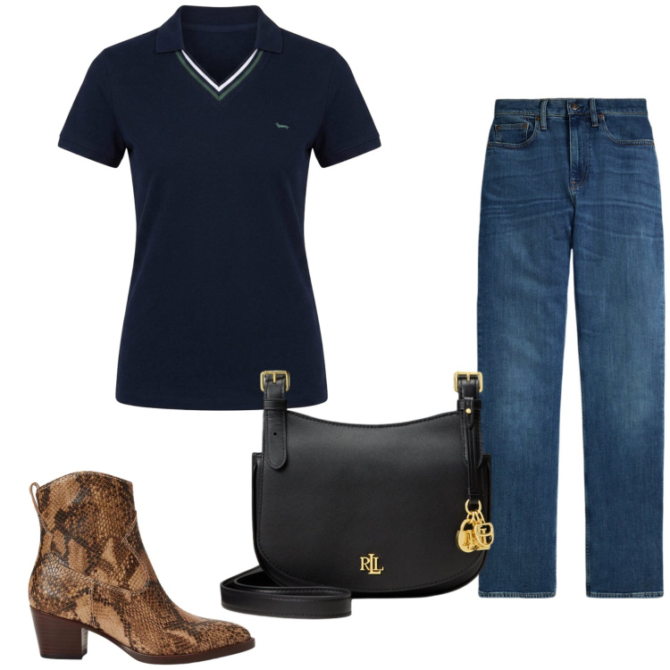 Outfit donna - Total look #2487632. Stile Glamour per Ufficio. Abbinamento con polo, jeans dritti, borse a tracolla, stivaletti.