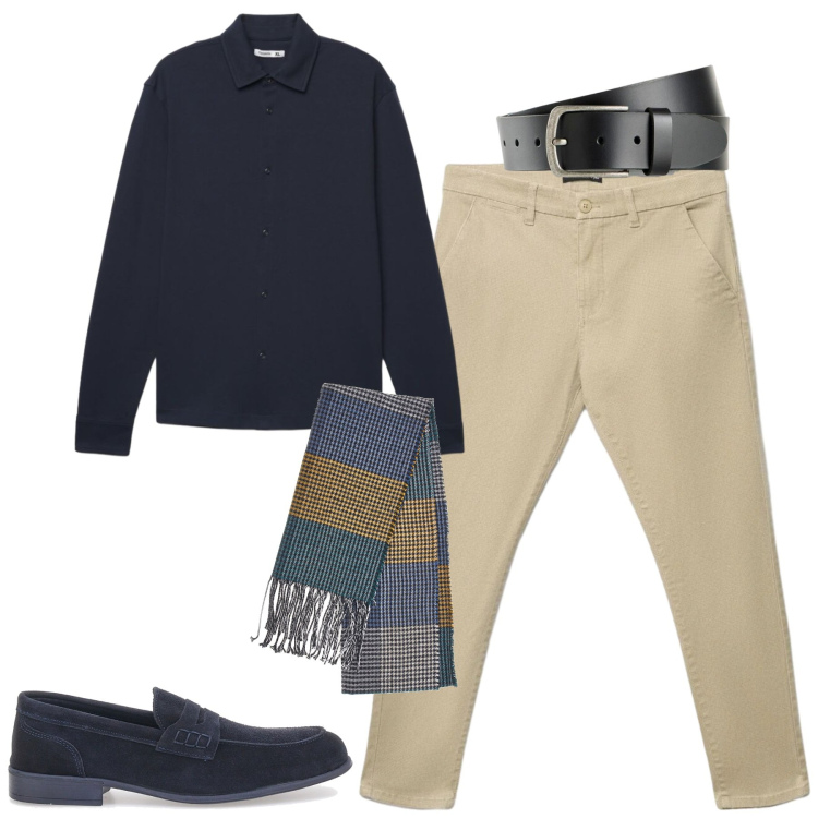 Outfit uomo - City. Stile Urban per Tutti i giorni. Abbinamento con pantaloni chino, camicie, sciarpe, scarpe stringate, cinture.