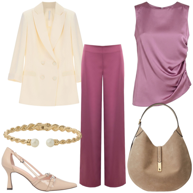 Outfit donna - Total look #2487635. Stile Chic per Cerimonia. Abbinamento con blazer, borse a spalla, braccialetti, canottiere, pantaloni a palazzo, décolleté.