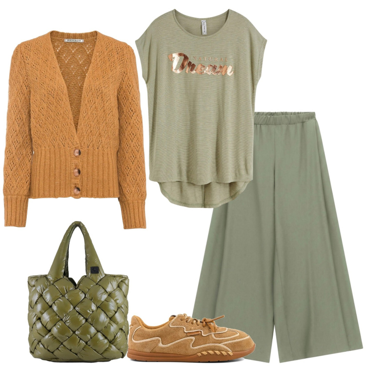Outfit donna - Total look #2487637. Stile Casual per Tutti i giorni. Abbinamento con pantaloni a palazzo, borse tote, cardigans, t-shirt, sneakers.