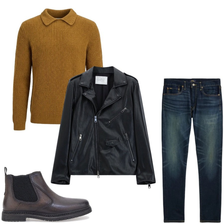 Outfit uomo - Total look #2487642. Stile Trendy per Tutti i giorni. Abbinamento con maglieria, giacche, jeans, stivali e stivaletti.