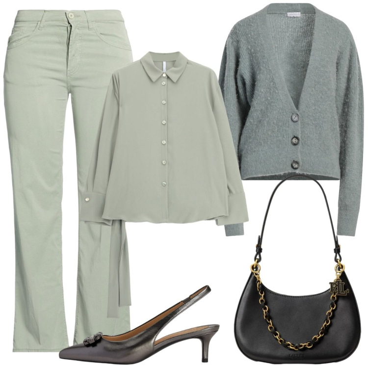 Outfit donna - Verde/ grigio. Stile Basic per Tutti i giorni. Abbinamento con camicie, borse a spalla, décolleté, pantaloni, cardigans.
