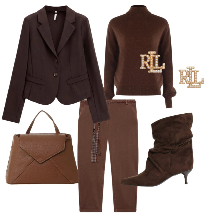 Outfit donna - Warm brown. Stile Chic per Ufficio. Abbinamento con blazer, borse a mano, stivali, pantaloni chino, orecchini, pullovers.