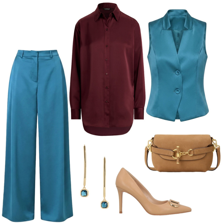 Outfit donna - Total look #2487670. Stile Glamour per Serata fuori. Abbinamento con borse a spalla, camicie, orecchini, gilet, pantaloni a palazzo, décolleté.