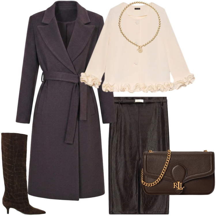 Outfit donna - Total look #2487676. Stile Romantica per Serata fuori. Abbinamento con gonne longuette, stivali, cardigans, collane, borse a tracolla, cappotti.