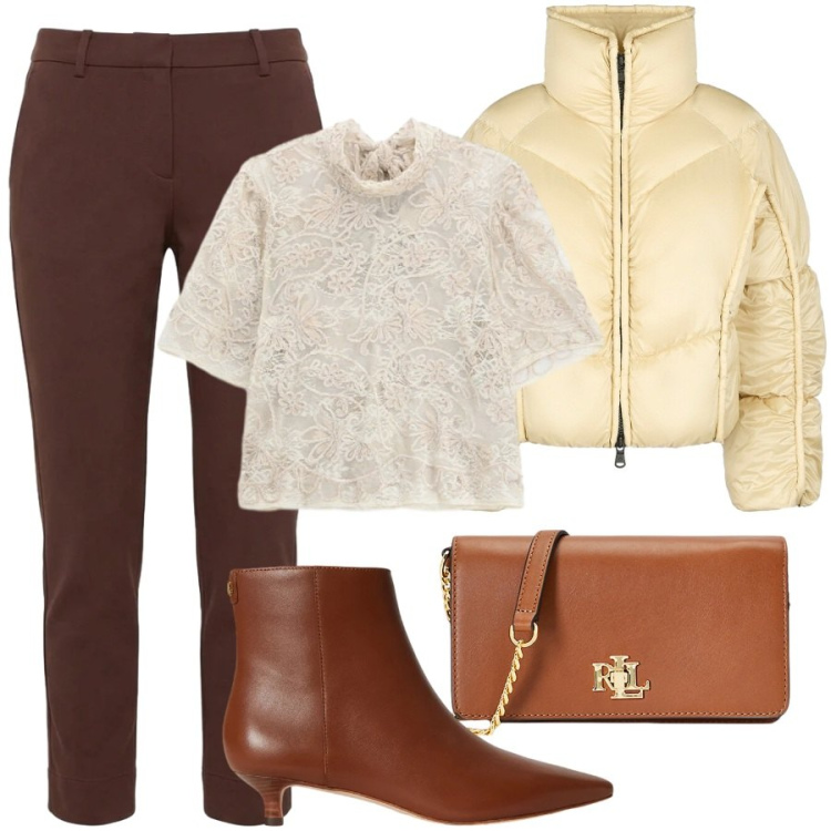 Outfit donna - Total look #2487682. Stile Sporty chic per Serata fuori. Abbinamento con pantaloni, top, borse a tracolla, stivaletti, piumini.