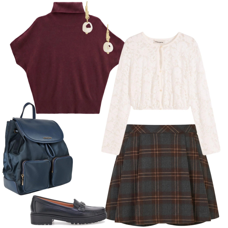 Outfit donna - Preppy. Stile Preppy per Scuola/Università. Abbinamento con pullovers, orecchini, minigonne, zaini, camicie, mocassini.