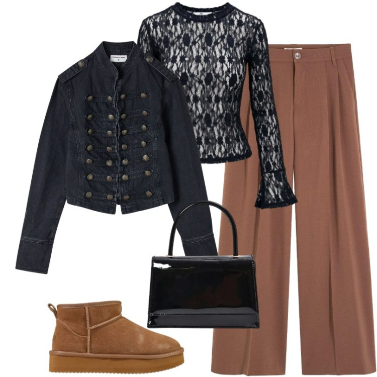 Outfit donna - Passeggiata al mercato. Stile Casual per Tutti i giorni. Abbinamento con top, stivaletti, borse a mano, blazer, pantaloni.