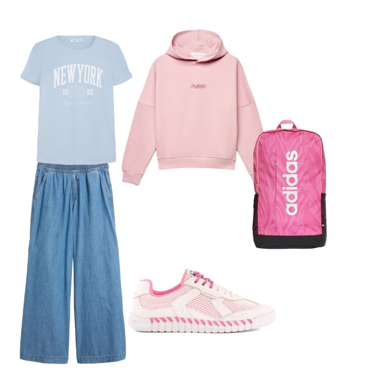 Outfit donna - Giornata a scuola. Stile Casual per Scuola/Università. Abbinamento con felpe con cappuccio, t-shirt, pantaloni, zaini, sneakers.
