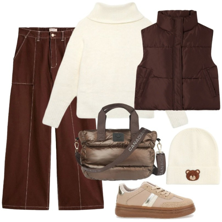 Outfit donna - La borsa per l'autunno. Stile Basic per Tutti i giorni. Abbinamento con borse a tracolla, pullovers, piumini, berretti, sneakers, pantaloni.
