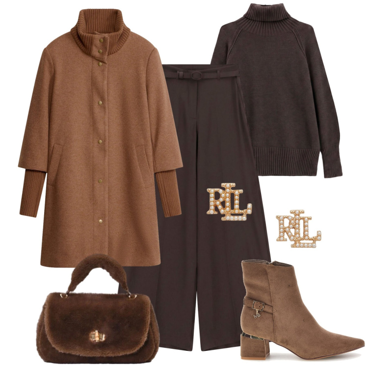 Outfit donna - Caffè e caramello. Stile Glamour per Ufficio. Abbinamento con pantaloni a palazzo, pullovers, orecchini, borse a mano, stivaletti, cappotti.