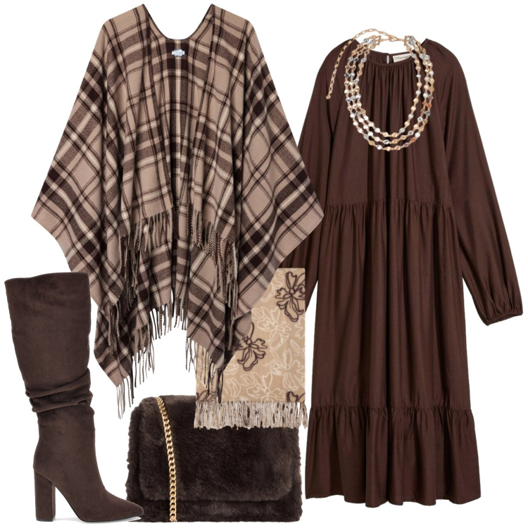 Outfit donna - Poncho. Stile Casual per Tutti i giorni. Abbinamento con collane, sciarpe, cappotti, borse a tracolla, stivali sopra il ginocchio, vestiti.