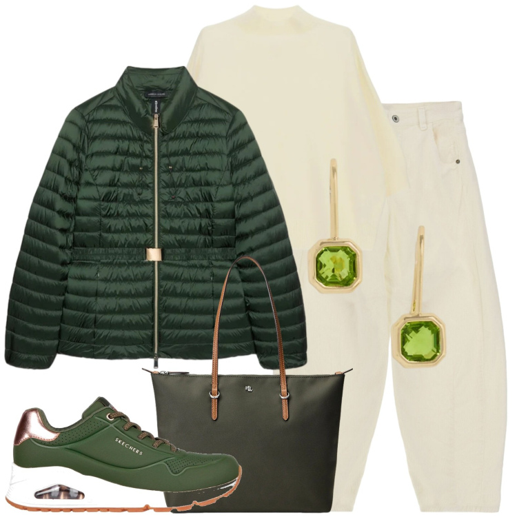 Outfit donna - Autunno. Stile Casual per Tutti i giorni. Abbinamento con pullovers, piumini, borse tote, orecchini, jeans, sneakers.