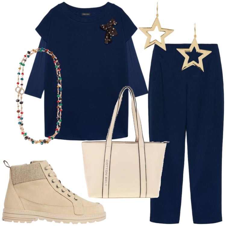 Outfit donna - Casual. Stile Casual per Tutti i giorni. Abbinamento con stivaletti, pantaloni, vestiti corti, orecchini, collane, shopping bag.