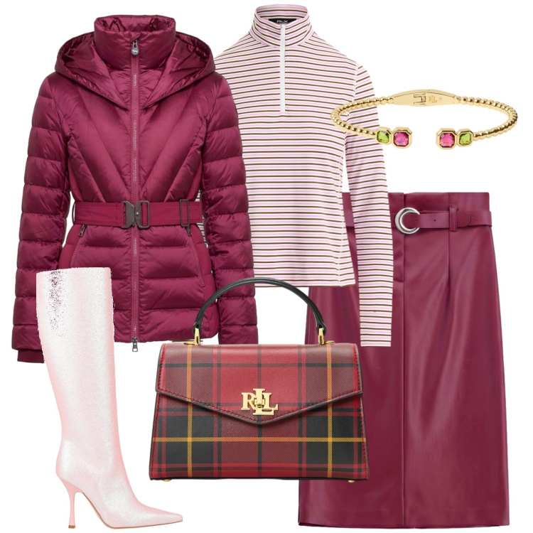 Outfit donna - Bordeaux. Stile Casual chic per Tutti i giorni. Abbinamento con piumini, gonne longuette, braccialetti, pullovers, borse a mano, stivali.