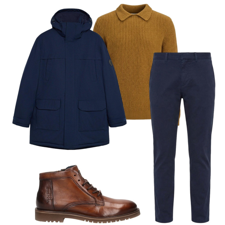Outfit uomo - Total look #2487712. Stile Business/Elegante per Ufficio. Abbinamento con maglieria, pantaloni, stivali e stivaletti, parka.