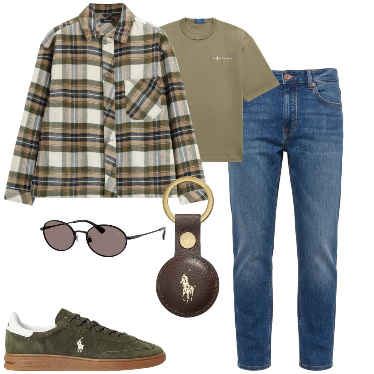 Outfit uomo - Weekend. Stile Casual per Tutti i giorni. Abbinamento con jeans, camicie, sneakers, occhiali da sole, t-shirt, portachiavi.
