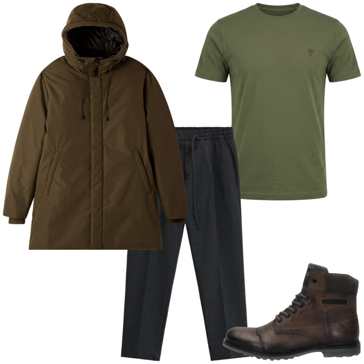 Outfit uomo - Total look #2487716. Stile Trendy per Tutti i giorni. Abbinamento con t-shirt, pantaloni, parka, anfibi.