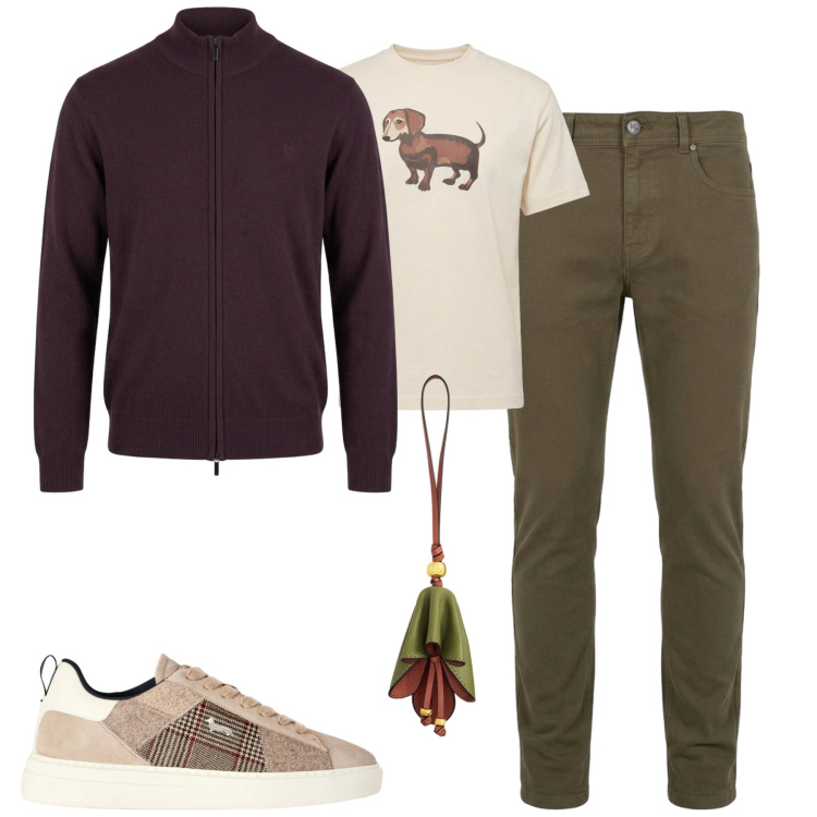 Outfit uomo - City. Stile Urban per Tutti i giorni. Abbinamento con sneakers, t-shirt, maglieria, pantaloni, portachiavi.
