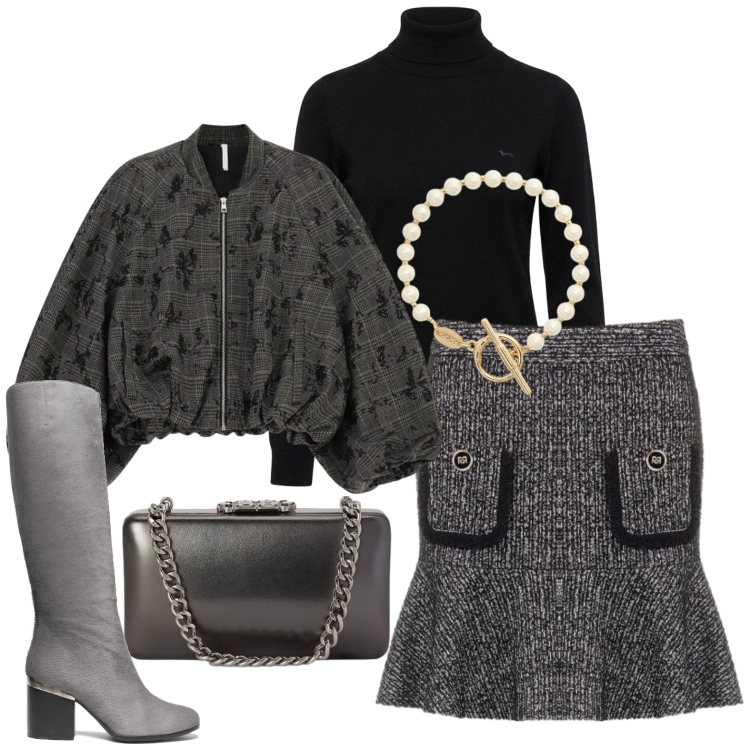 Outfit donna - Ufficio. Stile Casual per Ufficio. Abbinamento con pullovers, bomber, braccialetti, clutch, minigonne, stivali.