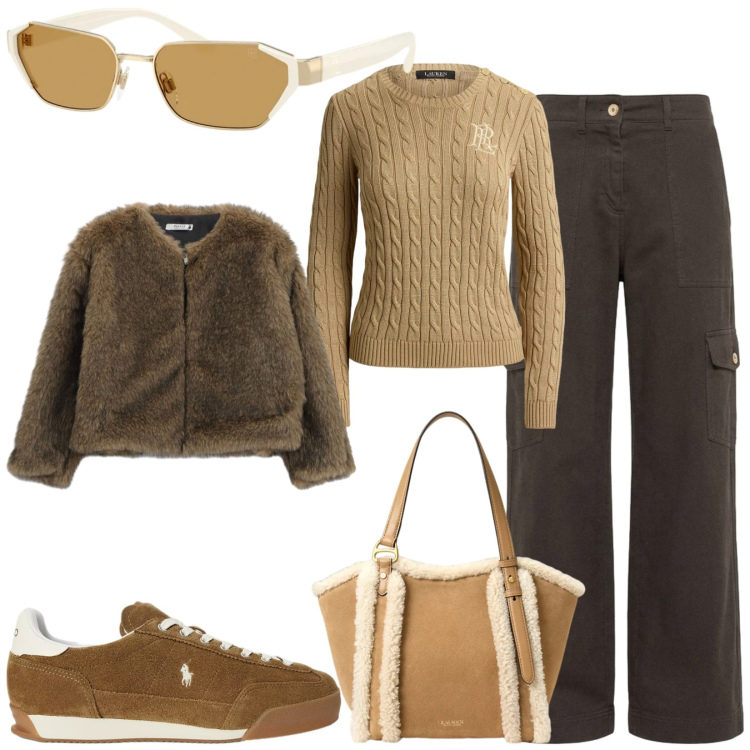 Outfit donna - Total look #2487723. Stile Casual chic per Tutti i giorni. Abbinamento con pantaloni cargo, blazer, sneakers, occhiali da sole, maglieria, borse tote.