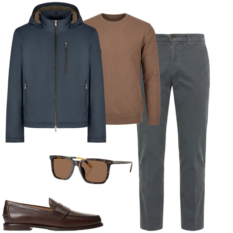 Outfit uomo - City. Stile Urban per Tutti i giorni. Abbinamento con pantaloni, maglieria, occhiali da sole, scarpe stringate, piumini.
